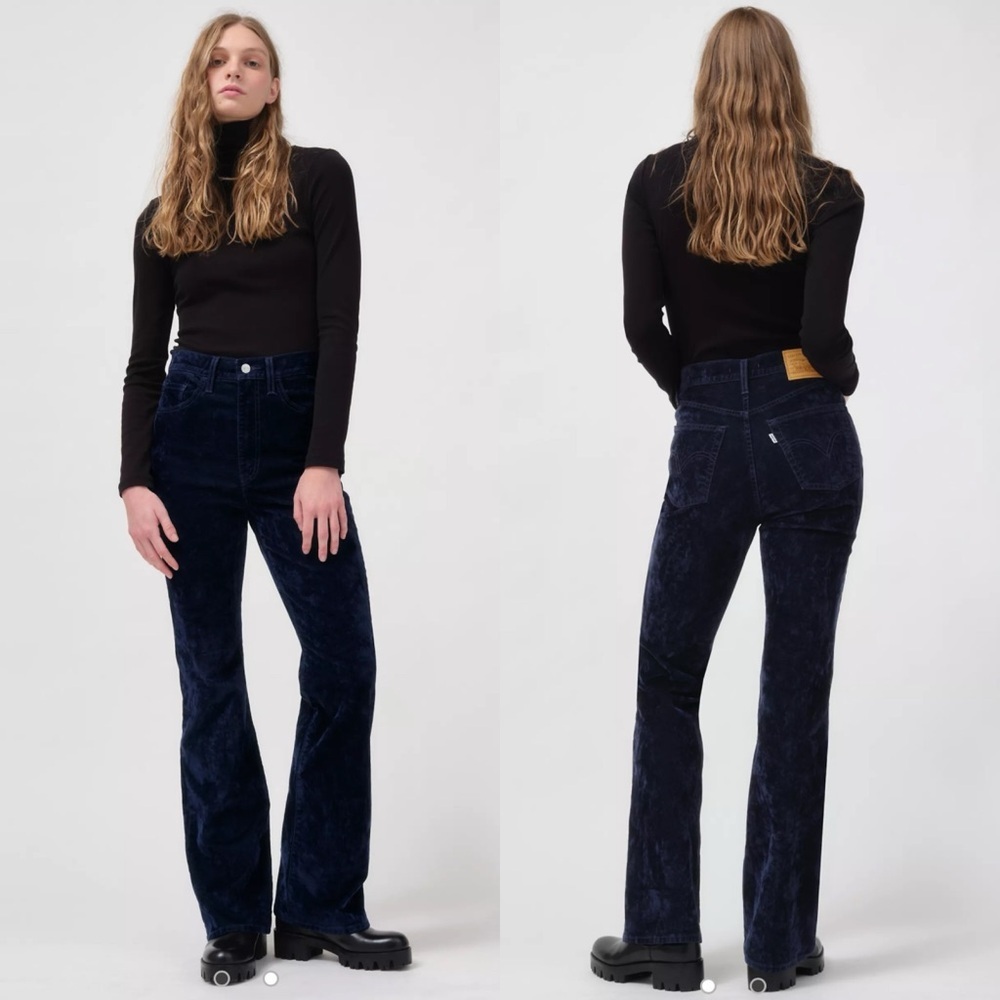 LEVIS Premium Ribcage Boot 70s Mod Classic High Waist Crushed Indigo Velvet Jean